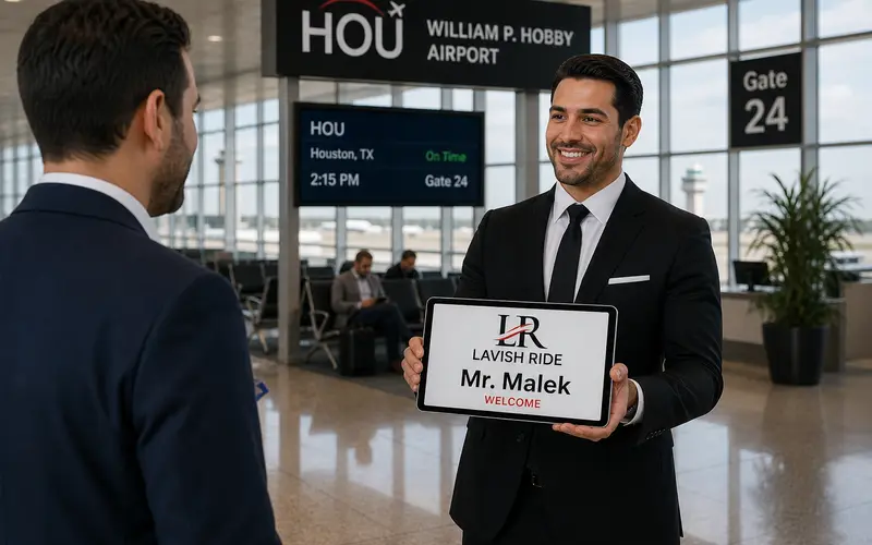 HOU airport transportation chauffeur holding meet and greet sign for passenger at William P. Hobby Airport Houston